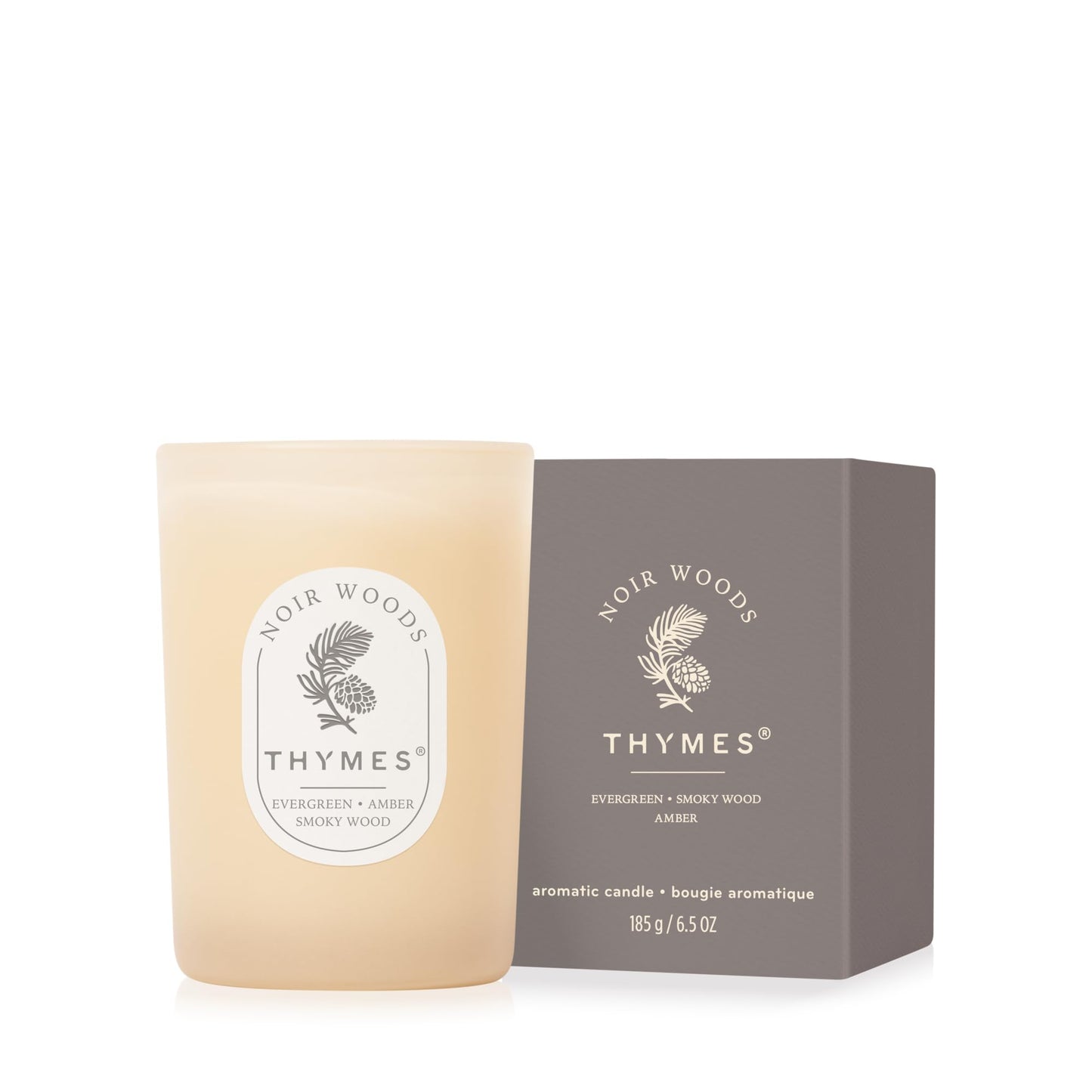 Thymes Noir Woods Scented Candles for Home Decor – Notes of Fresh Evergreen, Smoky Wood & Golden Amber – Luxury Home Fragrance Gifts for Women & Men – (Boxed Small Candle, 6.5 oz)