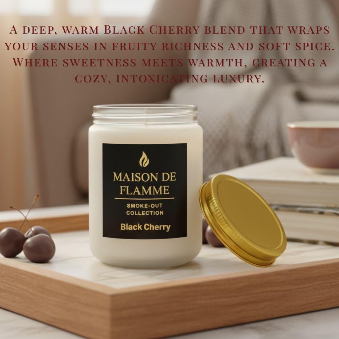 MAISON DE FLAMME Black Cherry Odor-Eliminating Scented Candle, 200g/7oz White Jar – Long-Lasting Soy Wax Blend Candle for Smoke, Kitchen & Home Odors