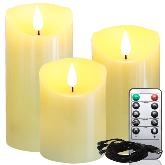 Lezonic Rechargeable Flickering Flameless Candles Battery Operated with Remote and Timer, Pack of 3(D 3'' X H 4''5''6'') Long Lasting Ivory White Real Wax LED USB Pillar Candles