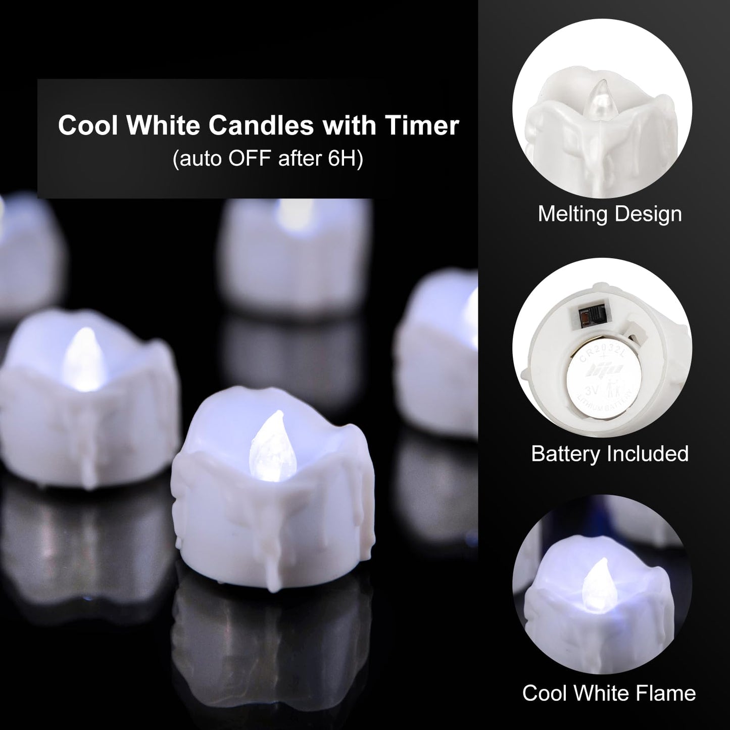 Windshell Cool White Flickering Flame Tea Lights with 6H Timer (No Remote), Battery Operated LED Flameless Tealight Candles with Melting Design, for Halloween Wedding Party, 12 Pack