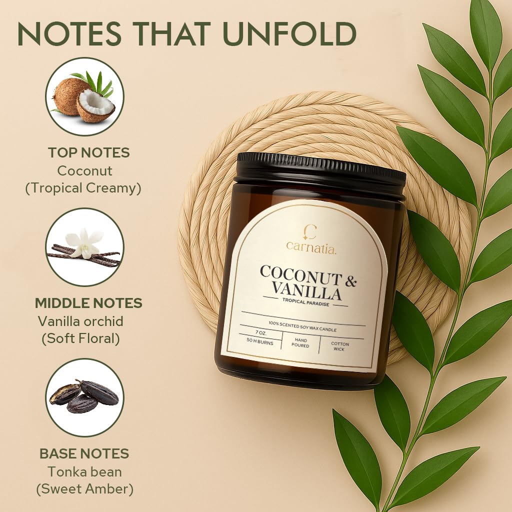 Carnatia Coconut & Vanilla Scented Candle – 7 oz | 100% Soy Wax with Cotton Wick | 50 Hour Burn | Aromatherapy Candle for Home, Stress Relief & Relaxation | Gift for Women & Men