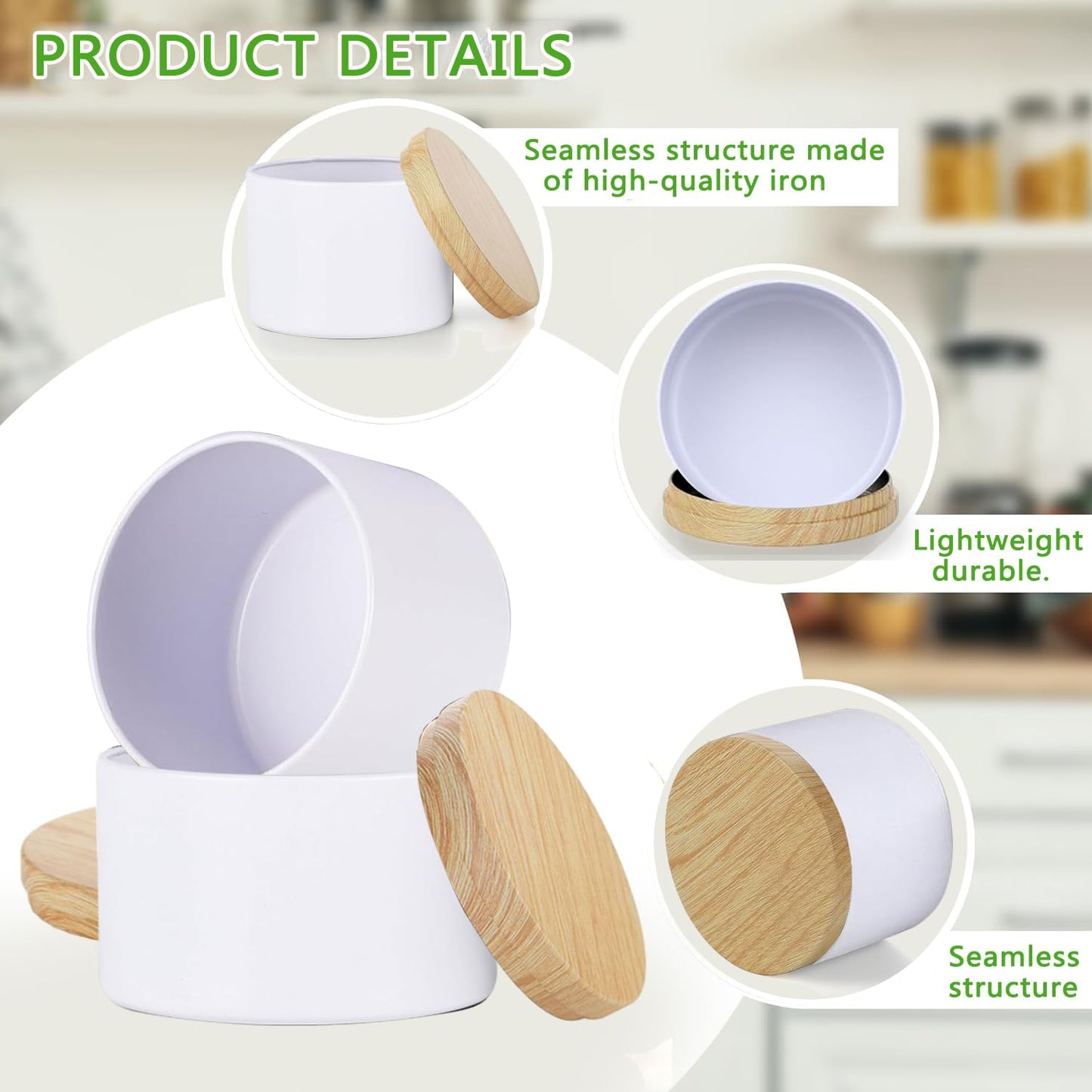 ABK 24PCS 4oz White Candle Tins With Wood Grain Lids, Matte Jars for Candle Making, Empty Metal Container