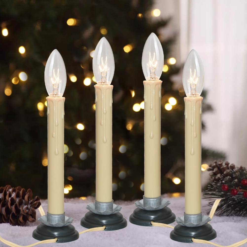 SUNSGNE Set of 4 Electric Window Candles, 7 Inch Plug in Window Candle Lamps with 7 Watt C26 Bulbs, Electric Candles with Black Wood Plum Iron Base, Turn On/Off Switch Candlesticks, Ivory Cord