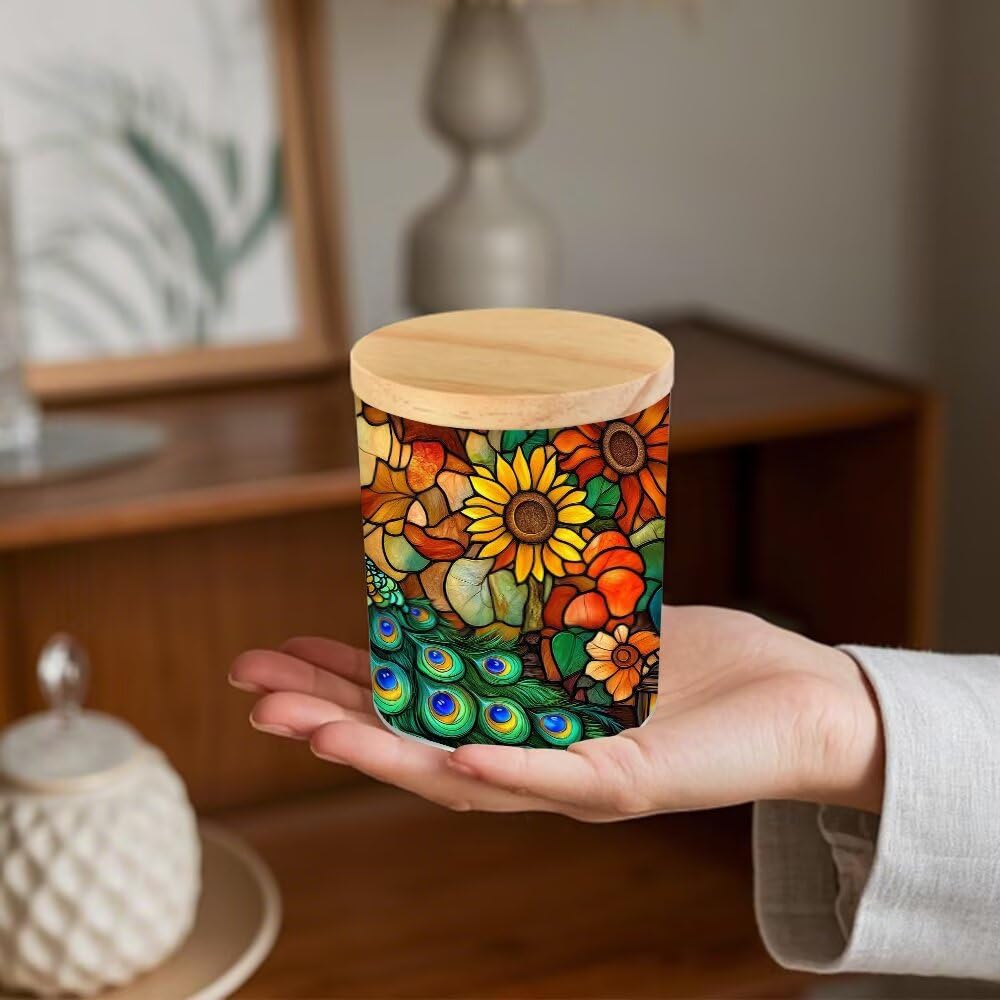 Stained Glass Peacock Tea Light Candle Holders, Thanksgiving Day Tealight Candle Holder Jar with Wooden Lid, Pumpkins Votive Candlesticks for Table Centerpieces, Christmas,Birthday Party