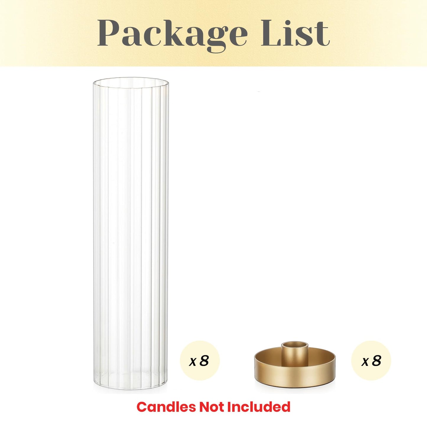 Hewory Hurricane Glass Candle Holders: Set of 8 Gold Candlestick Holders with 11" Tall Clear Cylinder Hurricane Cover, Taper Candle Holder for Wedding Table Centerpiece Party Christmas Home Decor