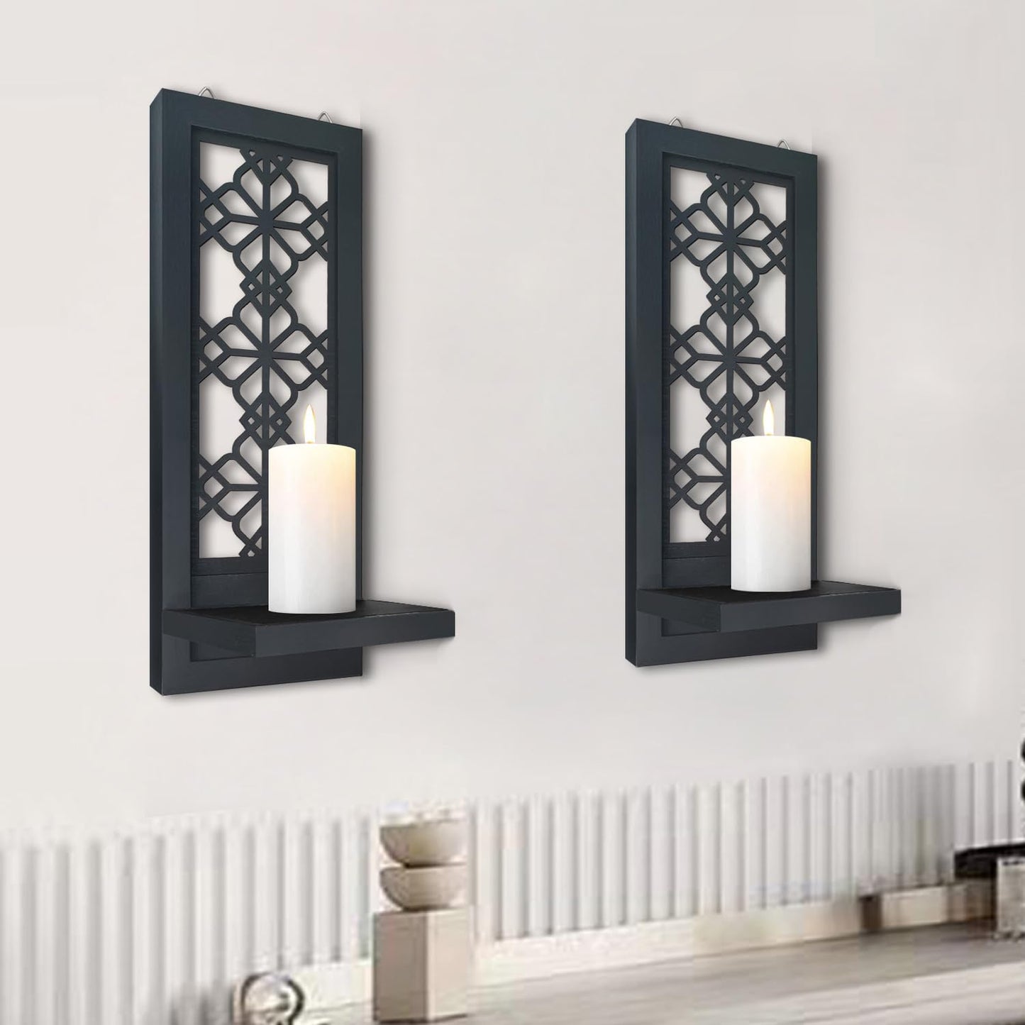 ZOLAPI Set of 2 Candle Sconces, Farmhouse Accent Wall Sconce, Black Candle Holder Wall Decorations for Home Décor, Living Room, Dining Room.(15 x6 in)