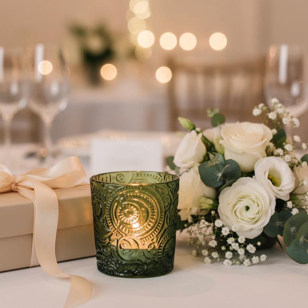 6 Pack Patented Sun Moon Star Embossed Glass Tea Light Candle Holders - Unique Votive Candle Holders for Wedding, Party, and Table Centerpieces (Moss Green)