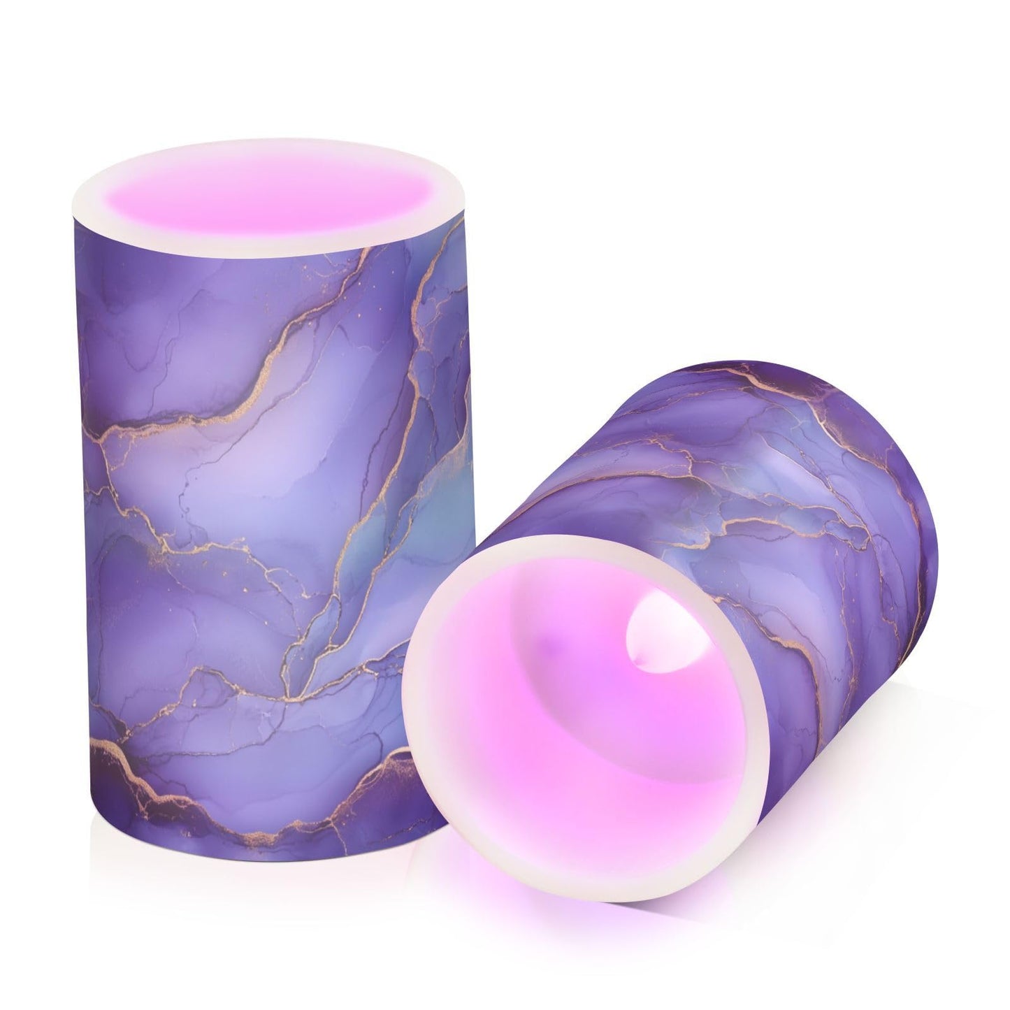 zyrtty 2 Pack Plastic Flameless Candles Gold Blue Purple Wild Marble Battery Operated with Remote and Timer Real Wax LED Flickering Pillar Candles Set Window Christmas Holiday Decor