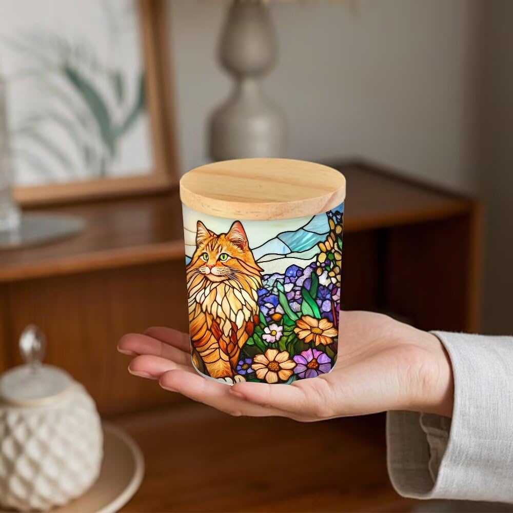 Stained Glass Cat Tea Light Candle Holders, Country Wildflowers Tealight Candle Holder Jar with Wooden Lid, Pastoral Votive Candlesticks for Table Centerpieces, Christmas,Birthday Party