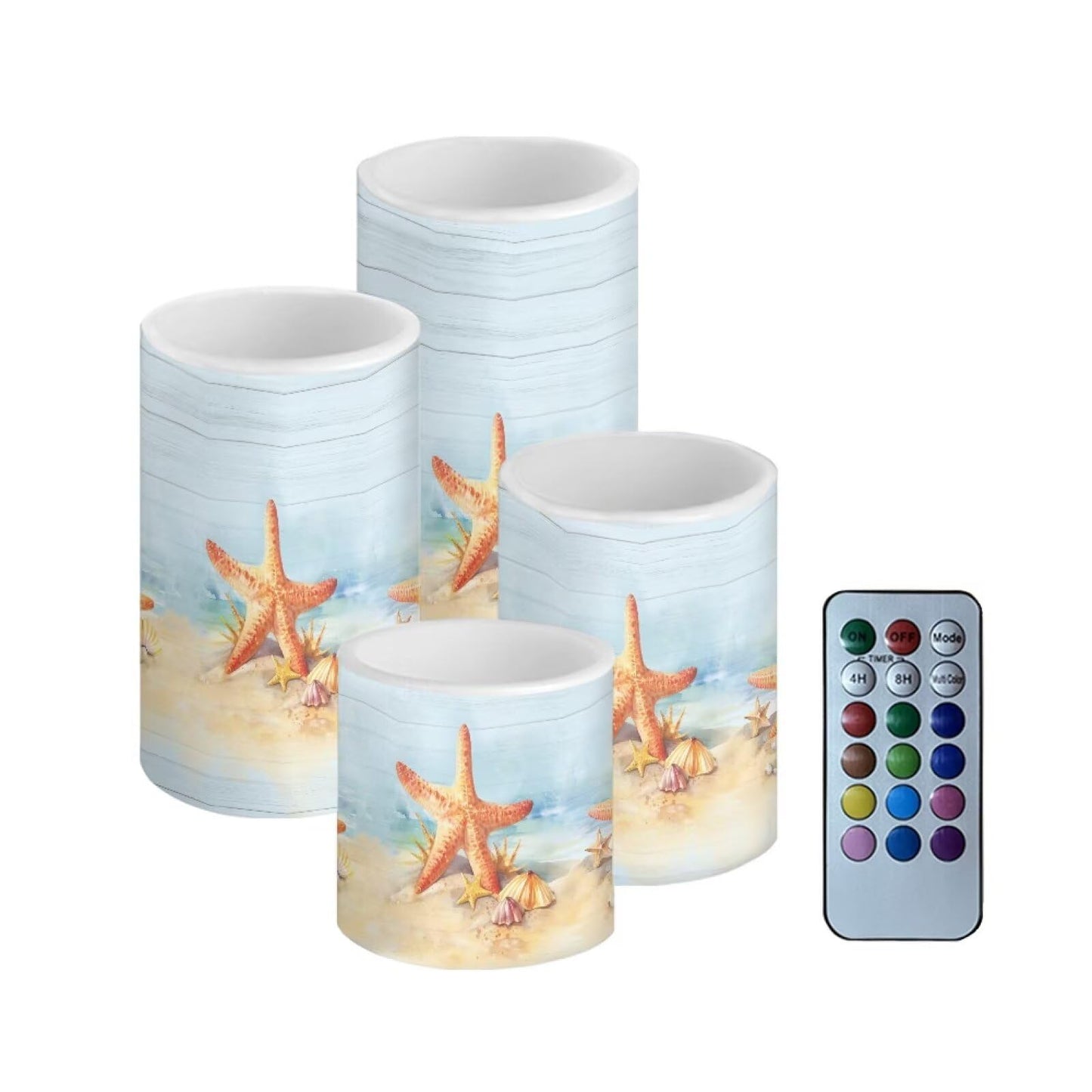 Merkmak Starfish Flameless Candles with Remote and Timers Flickering Battery Operated Candles 4 Pack Outdoor Flameless LED Pillar Lights for Beach Wedding Coastal Room Home Decoration