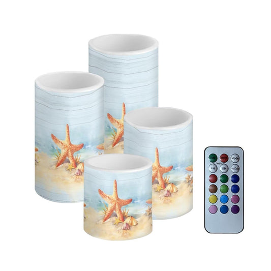 Merkmak Starfish Flameless Candles with Remote and Timers Flickering Battery Operated Candles 4 Pack Outdoor Flameless LED Pillar Lights for Beach Wedding Coastal Room Home Decoration