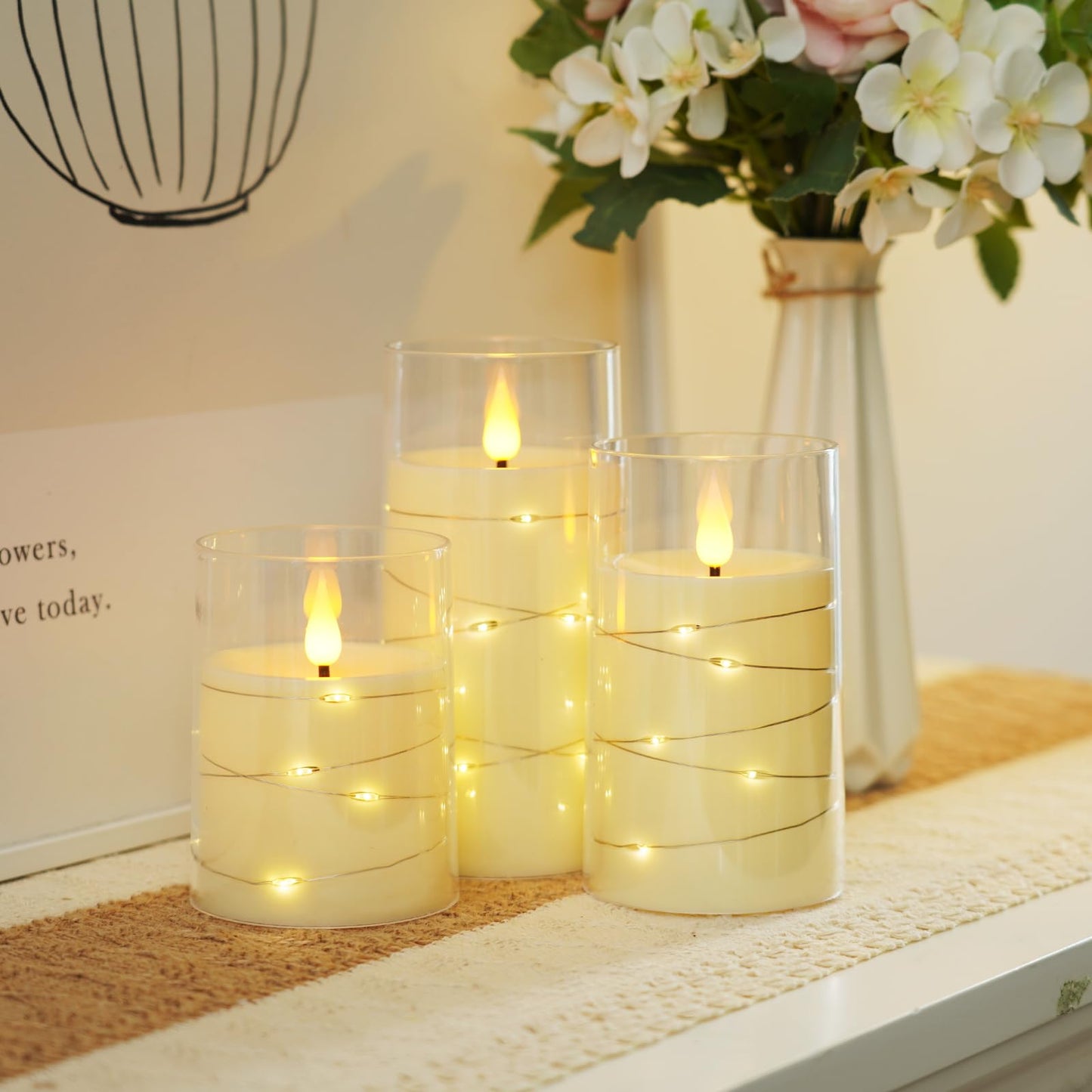 Amagic LED Flameless Candles, Battery Operated Candles with Embedded Fairy Lights, Acrylic Fake Candles with Remote and Timer for Wedding Home Decor, Ivory White, Set of 3, D3 x H4 5" 6"
