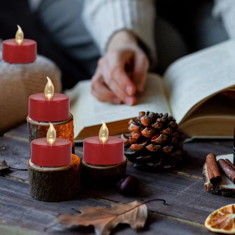 Paichi Flameless Tea Lights Candles 100 Pack LED Battery Operated Electric Votive Fake Candles Realistic Flickering and 200+ Hours Long Lasting Bright for Celebrations Festivals (Red)