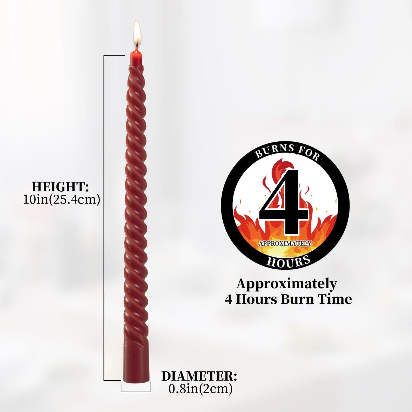 KONNI 0.87×10 Inch Dark Red Spiral Taper Candle, Unscented and Smokeless Tall Candlesticks, 8 Pack Twisted Candles with Cotton Wicks, Long Burning, Ideal for Weddings, Dinner Parties, and Home Décor