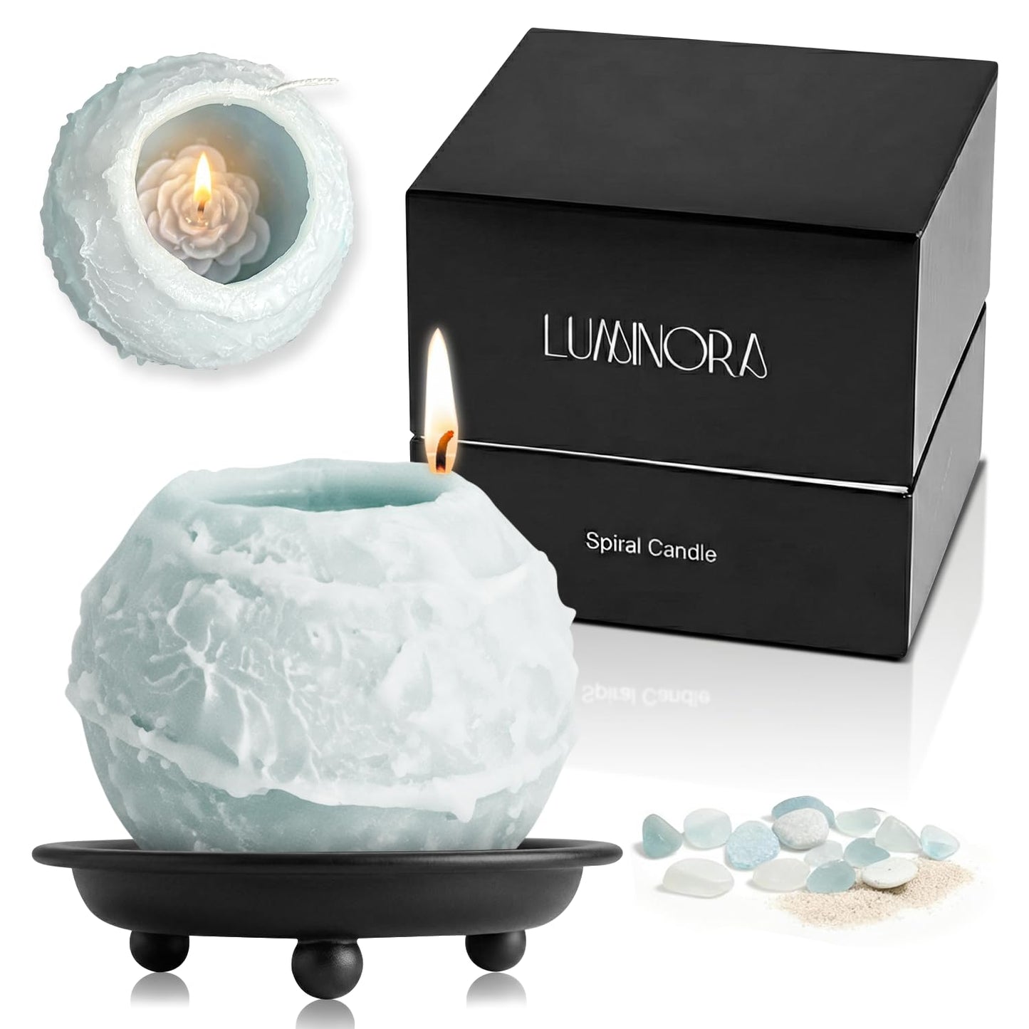 Luminora Spiral Candle with Hollow Round Design, Sculptural Wax Decor Gift, Unique Wick Flame Path, Modern Accent Piece for Shelf, Table, Mantel, and Entryway Display Set (Blue, Ocean Scented)