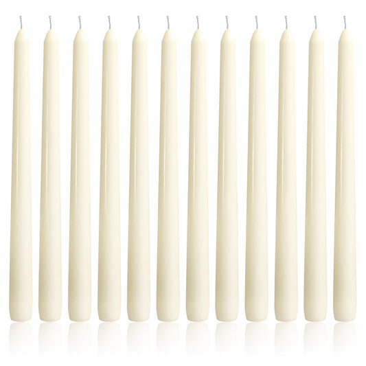 OSHINE Ivory 10 Inch Taper Candles - 12 Pack Long Taper Candle Dripless Unscented Smokeless & Emergency 7-8 Hours Long Burning Tall Candlesticks Ideal for Weddings, Dinner Party, Easter