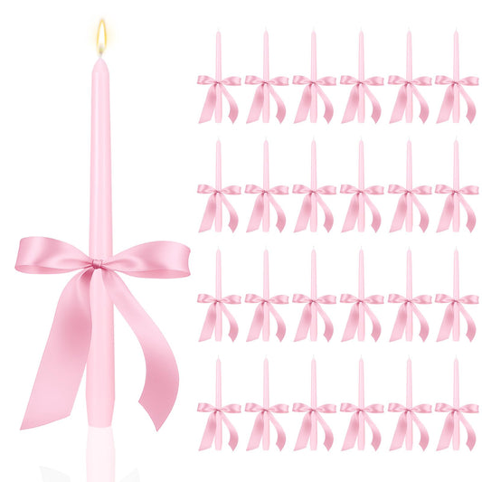 MTLEE 24 Pcs Taper Candles Bow Candle with 72 Ft Ribbons Bows Unscented and Smokeless 0.87 x 10 Inch Tall Candlesticks with Cotton Wick Long Burning for Wedding Dinner Coquette Holiday Party(Pink)