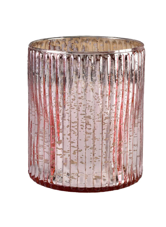 Serene Spaces Living Pink Ribbed Vintage Vase, Tealight Holder, Stainglass Candle Holder, Ideal for Weddings, Parties, Indoor & Outdoor Events, Home Decor, Measures 6" Tall & 5" Diameter