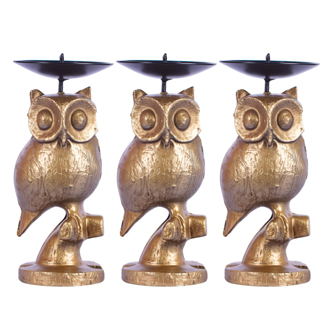 Gold Owl Candle Holder Set of 3 – Decorative Taper & Small Pillar Candlestick Holders for Table Centerpieces, Shelf & Living Room Décor