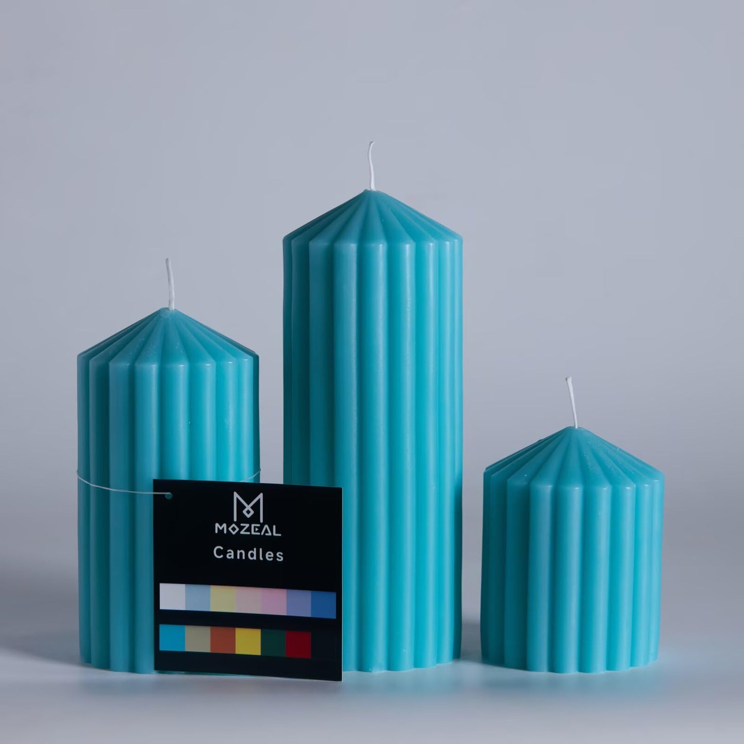 MOZEAL Hand-Poured Pointed Ribbed Soy Pillar Candles Set of 3 - Decorative Turquoise Unscented Dripless Smokeless (4",6",8") 300 Hr Burn - Stylish Wedding Décor