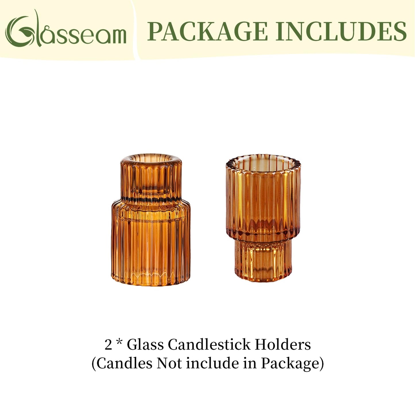 Glasseam Glass Tapered Candlestick Holders: Amber Ribbed Set of 2 for Table Centerpiece, Fall Decor, Christmas Party, Halloween, Thanksgiving