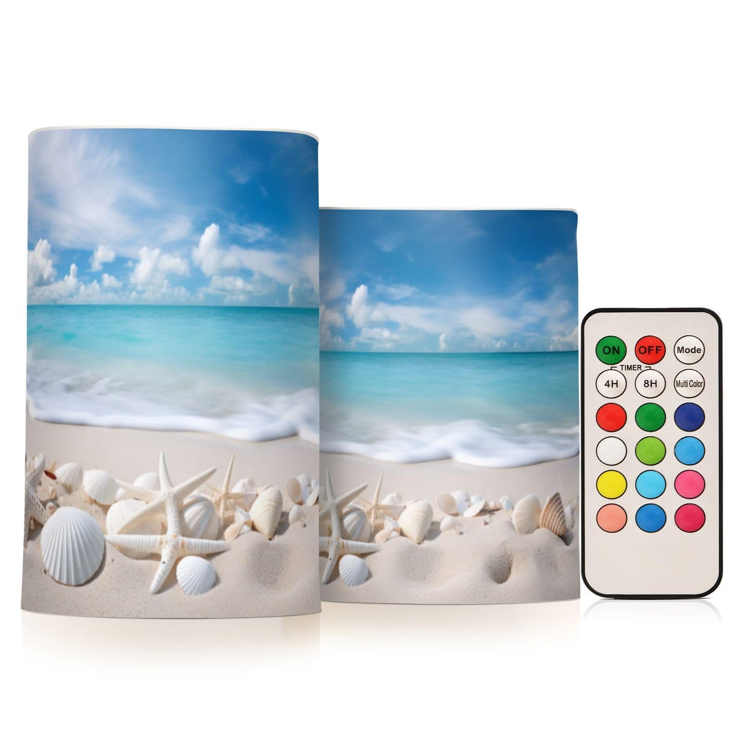 BOENLE Flickering Flameless Candles, Starfishes Seashells Beach Blue Sky LED Candles with Remote Timer, Set of 2 Battery Operated Candle for Valentine Wedding Birthday