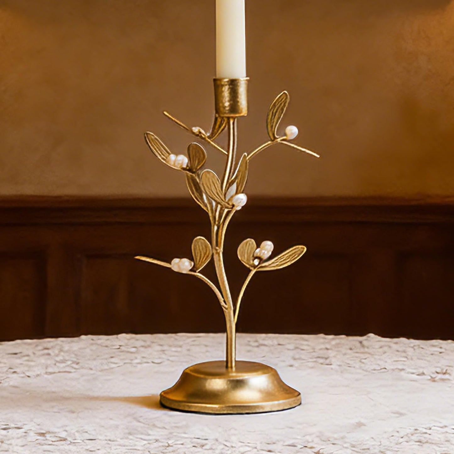 Candle Stick Holder Table Decor - Elegant Golden Metal Mistletoe Candle Holder Decorative for Coffee Gold for Living Room Symbol of Love and Life Flower Gifts 4.6 x 4.6 x 10 Inch Guichifun