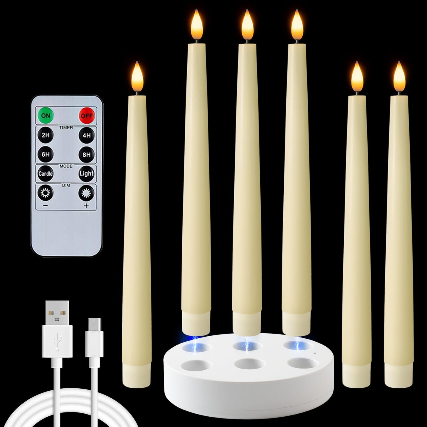 Homemory Rechargeable 9.6 Inches Flameless Taper Candles, Real Waxy LED Candlesticks Flickering, 6 Pcs Battery Operated Candles with Remote and Timer for Home Wedding Christmas Decor, Ivory