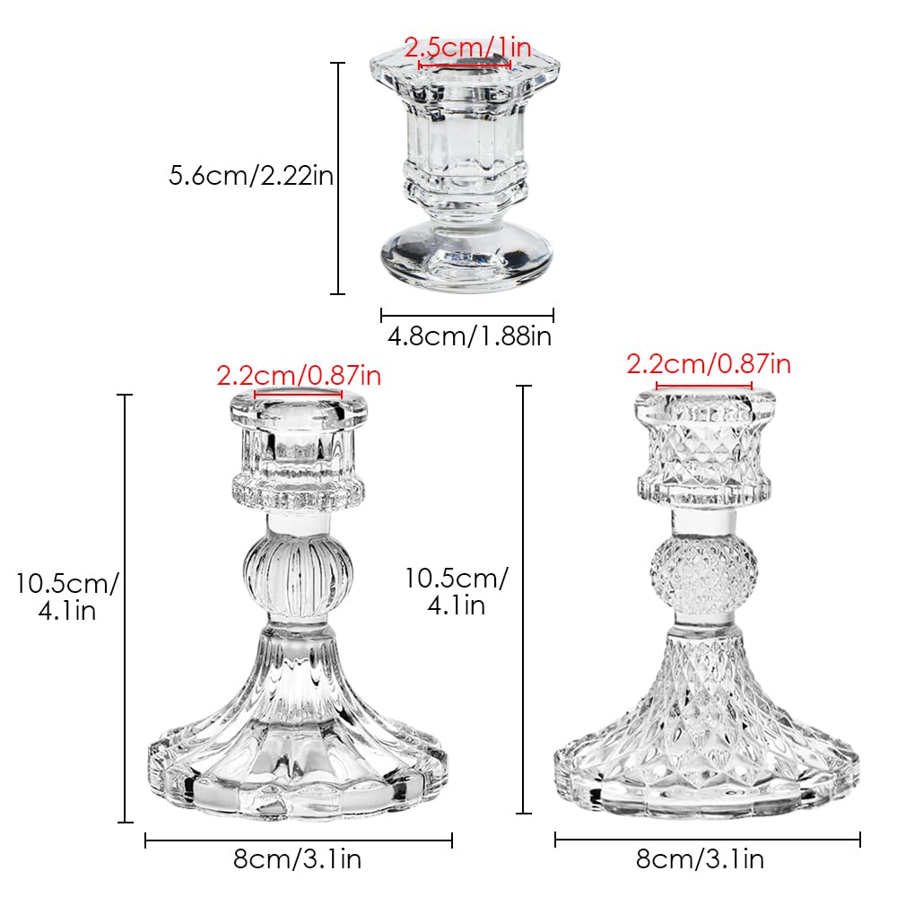 Glass Candlestick Holders Set of 6, Taper Candle Holder for Wedding Festival Christmas Party Valentine's Decor, Table Centerpieces