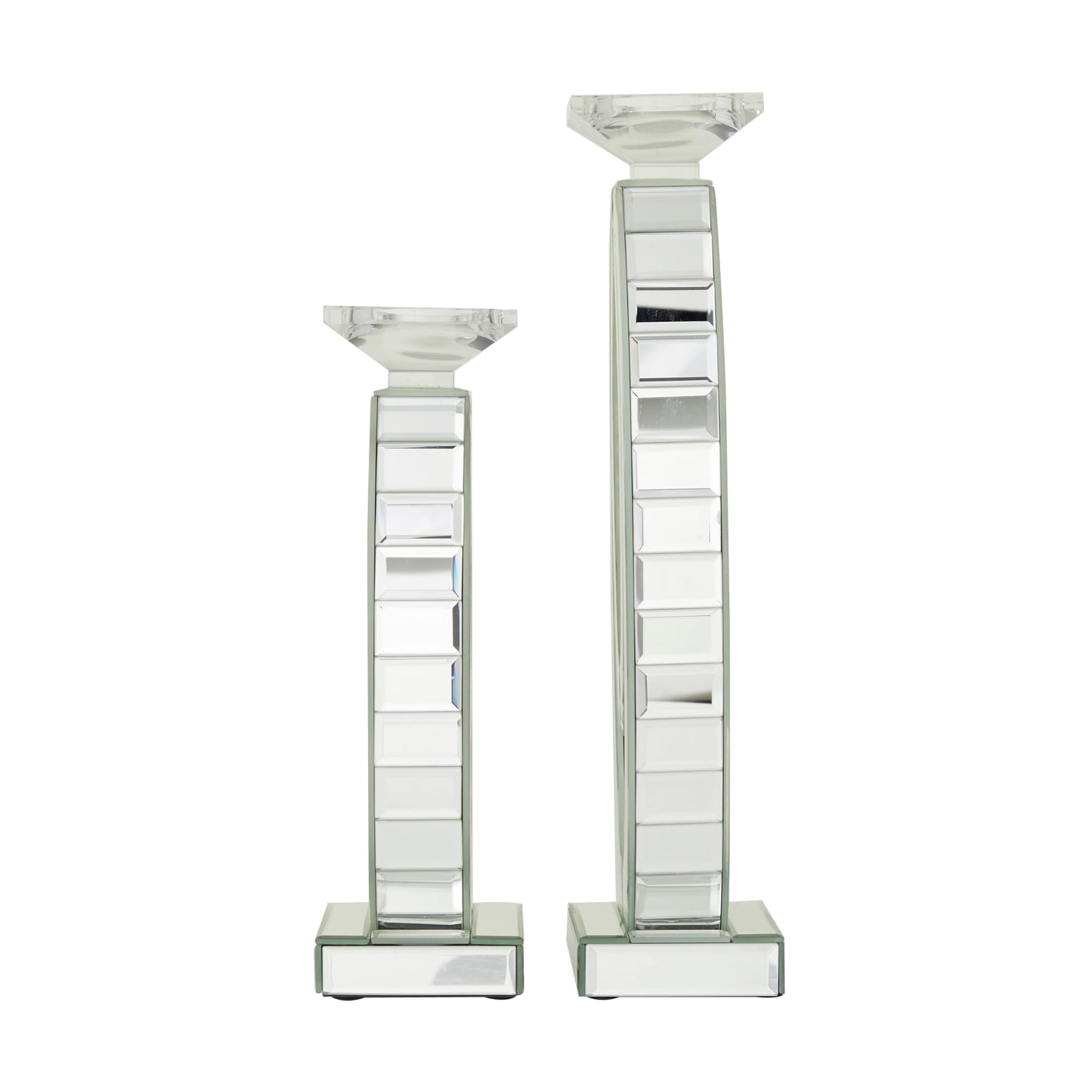 Deco 79 Glass Decorative Candle Holder Pillar Candle Stand with Mirrored Accents and Crystals, Set of 2 Candlestick Holder 17", 13" H, Silver