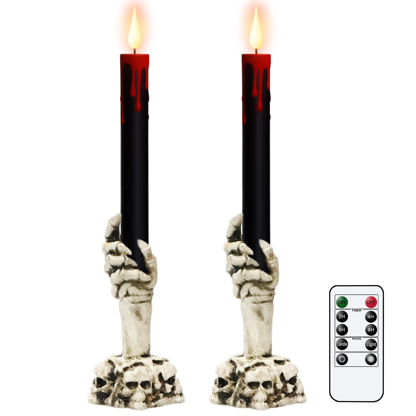 Lasumora Halloween Black Flameless Taper Candles Flickering with Remote Timer, Battery Operated Led Taper Candle, 2 Pcs Drip Wax Candlesticks with Skull Hand Candle Holder for Halloween Decorations