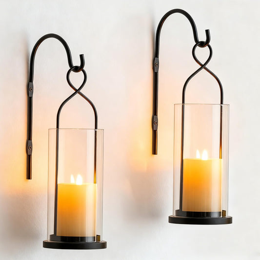 Walasis Wall Candle Holder Set of 2: Black Metal Modern Hurricane Candle Lantern Decoration for Outdoor - Minimalist Candle Sconces wall Decor for Bedroom Hallway Bedide TV