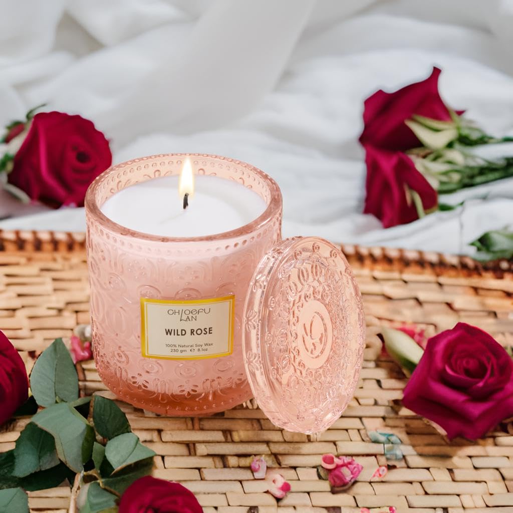 Chloefu LAN Wild Rose Candle, Mother Day Candles Gifts for Women, Luxury Jar Candle for Home Scented, Natural Soy Wax, Pink Candles for Home Scented, 55 Hours Long Burning, 8.1 oz