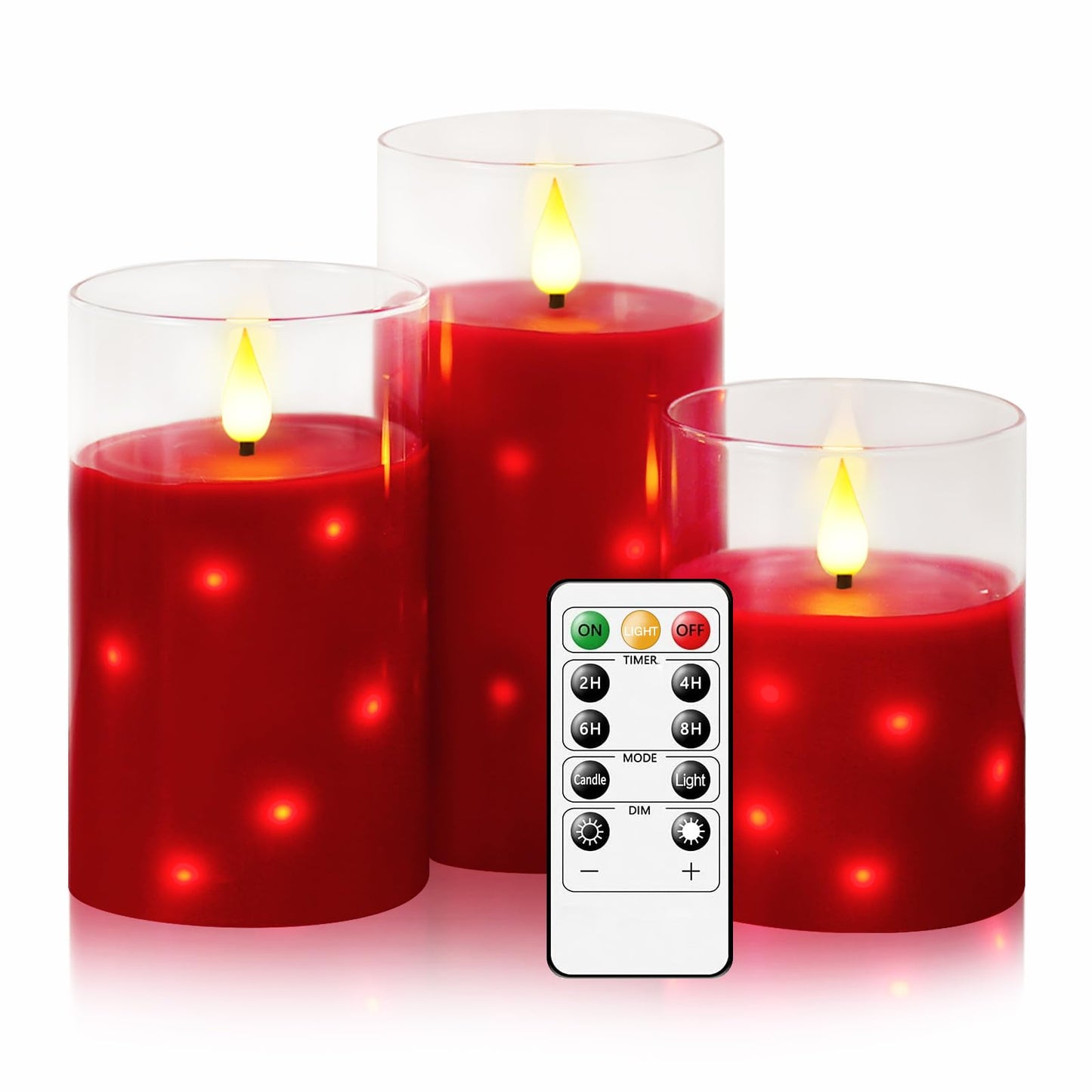 Nimiko Real Wax Flameless Candles Glass,Battery Operated LED Candles with Flickering Flame,Glass Shell,Interior Star Light Decoration Set of 3 Red (D3×H 4" 5" 6") for Home Decor,Holiday Decoration