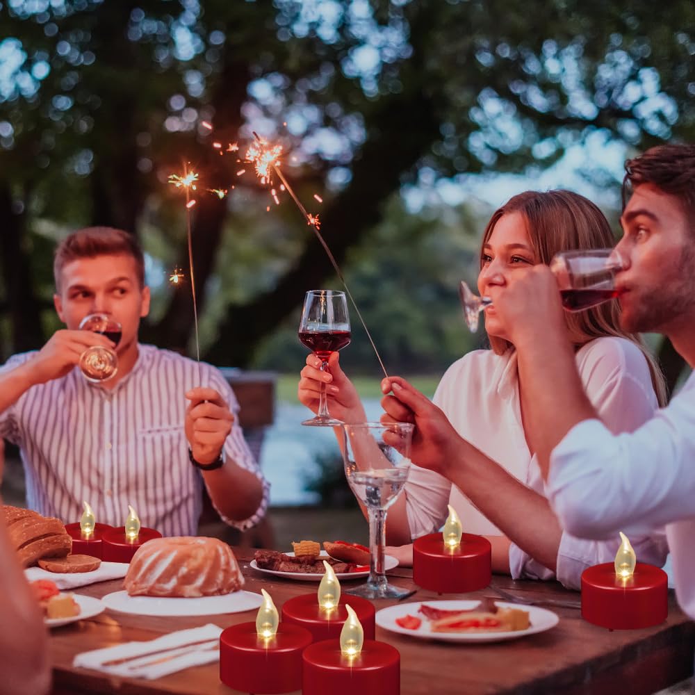 Battery Operated Tea Lights Candles: Flameless Flickering LED Electric Fake Candles Bulk, 100Pack Powered Votive Tealights, Long Lasting 200H+ Bright Red Lamp for Seasonal and Festive Decoration