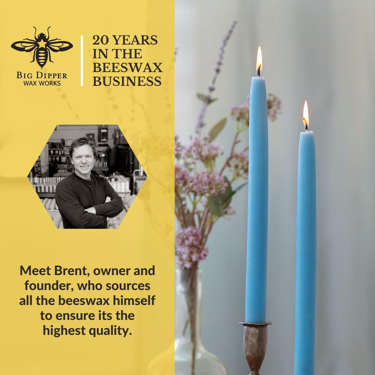 Big Dipper Wax Works Sky Blue Hand-Dipped Beeswax Taper Candles – 12” x 7/8”, 2-Pack, 100% Pure Beeswax, Long Burning, Clean, Cotton Wick, Handmade in USA, Home Décor & Wedding Candles