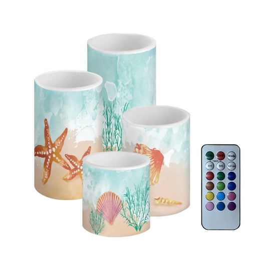 NETILGEN Beach Flameless Candles Battery Powered with Multicolor Timer Remote Control Everlasting Fake Candles for Coastal Marine Garden Indoor Outdoor Decor, Starfish Seashell Coral