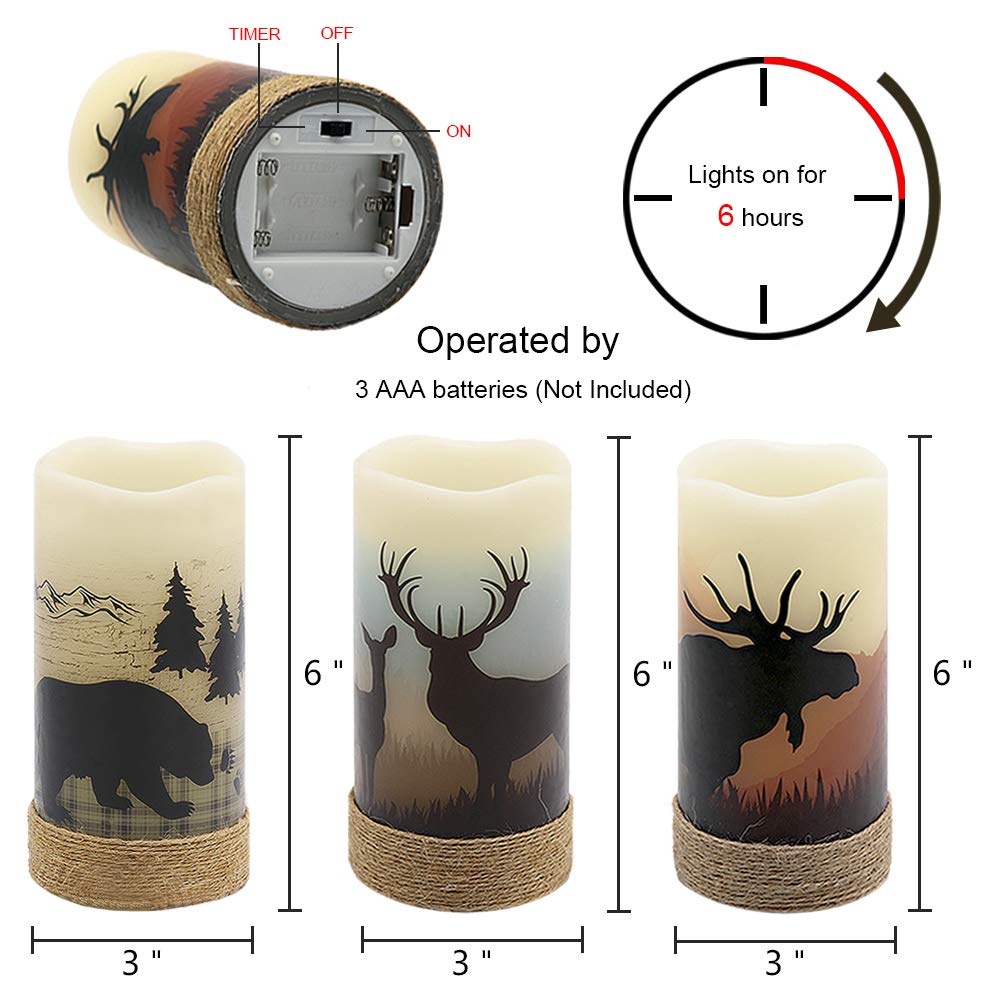 Eldnacele Flameless Flickering Candles Deer, Moose, Bear Decal with Hemp Rope and 6H Timer, Battery Operated LED Pillar Candles Real Wax Home Décor Christmas and Gift Set of 3