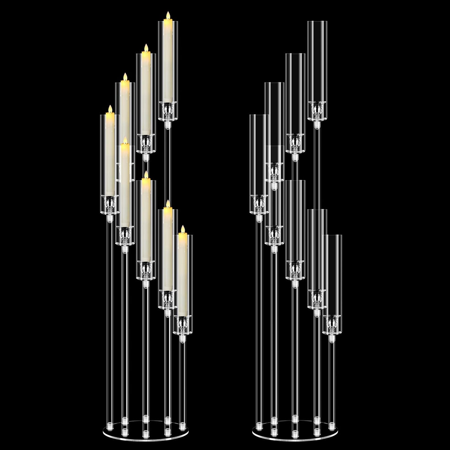 2 Set 8 Arm Acrylic Candle Holder, Mjkeomo 49.2'' Tall Candelabra Centerpieces for Tables Clear Candlesticks Holder for Housewarming Gift Fireplace Halloween Christmas Decor Fit 0.87'' LED Candle