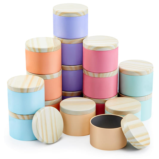 Honeydak 36 Pcs 4oz Candle Jars Bulk Multicolored Candle Tins Small Empty Containers with Metal Wood Grain Printing Lids for Making DIY Jars Storage Wedding Gifts
