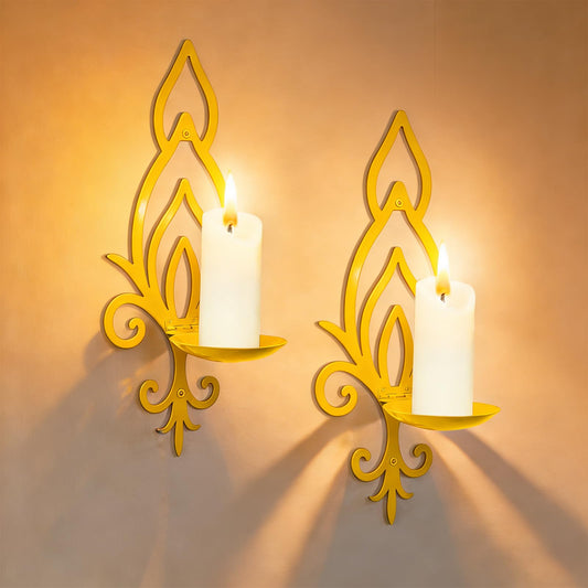ZYIDBNG Wall Candle Sconces Set of 2, Vintage Flower-Shaped Metal Candle Holders for Pillar, Tealight, and LED Candles, Rustic Decorative Wall Decor for Living Room Dining Room (Golden Yellow)