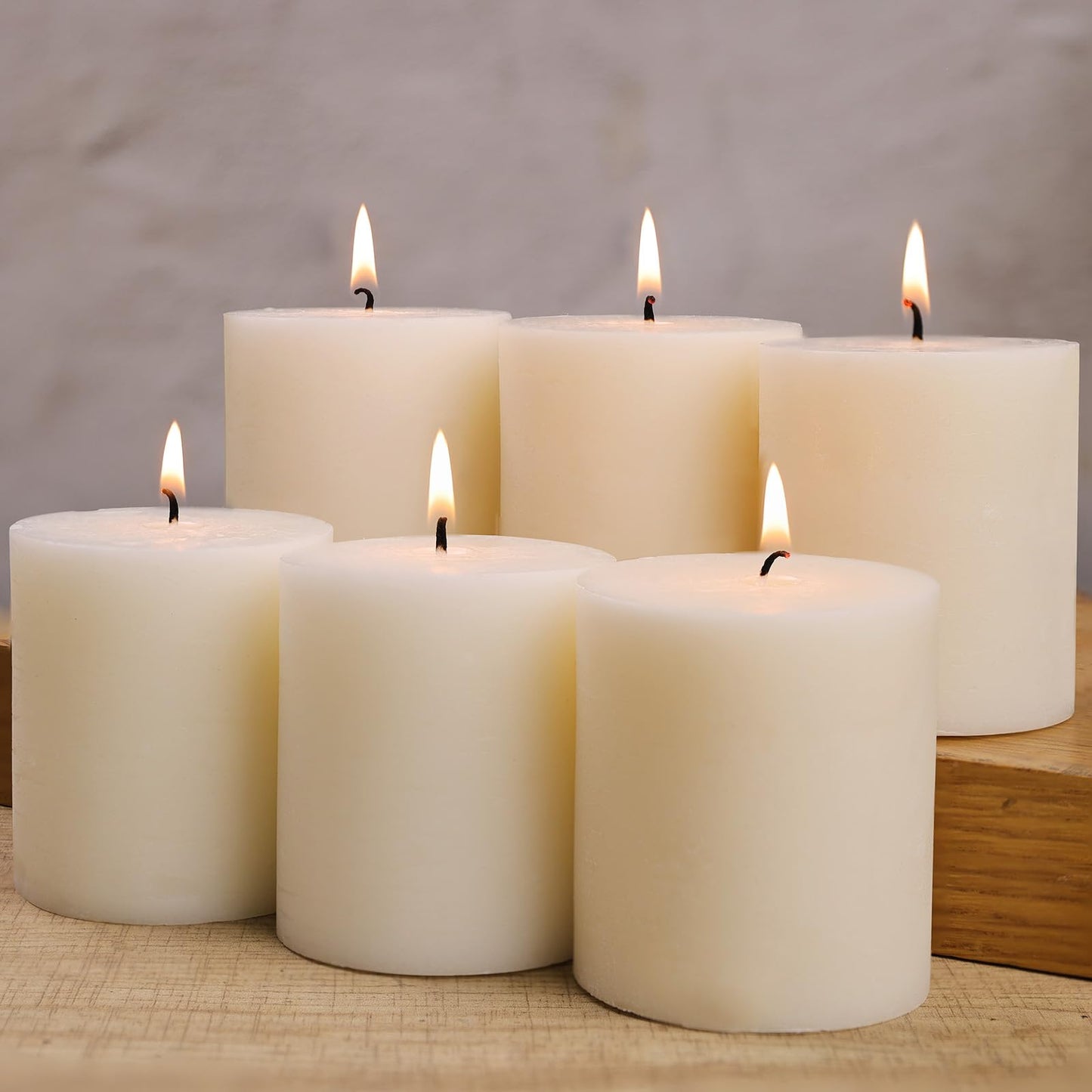 Ivory Rustic Textured Soy Pillar Candles, 2.8x3 in Natural Unscented Soy Wax Candles, 180 H Burn Time, Non-Toxic, 6 Pack Smokeless Dripless Hand-Poured Pillar Candle for Dinner, Wedding, Home