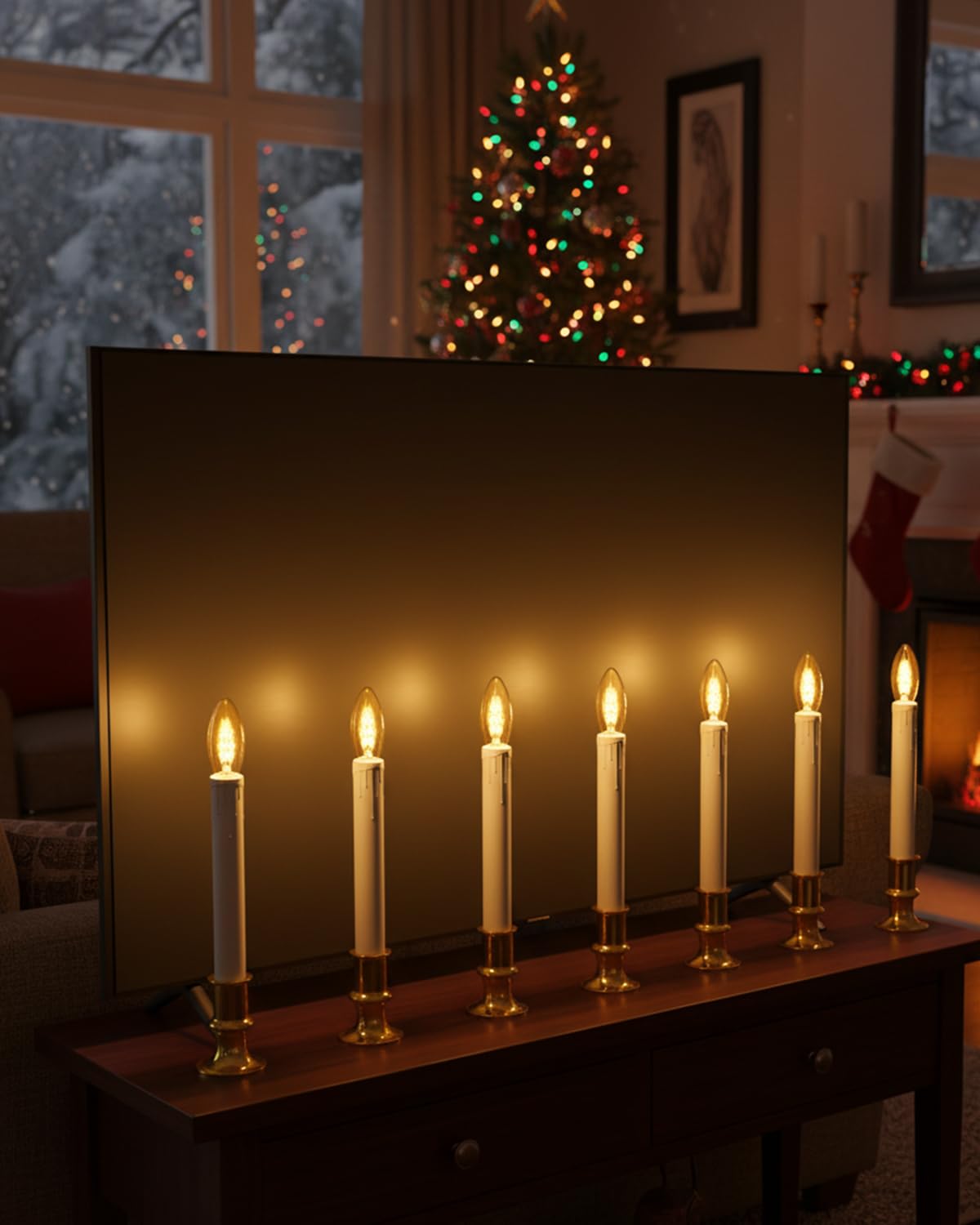 SUNSGNE Battery Operated Window Candles, Flameless Window Candles with Auto Timer for Holiday Home Table Christmas Decor, C26 LED Ultra-Bright Bulbs, 4 Pack, Gold Base