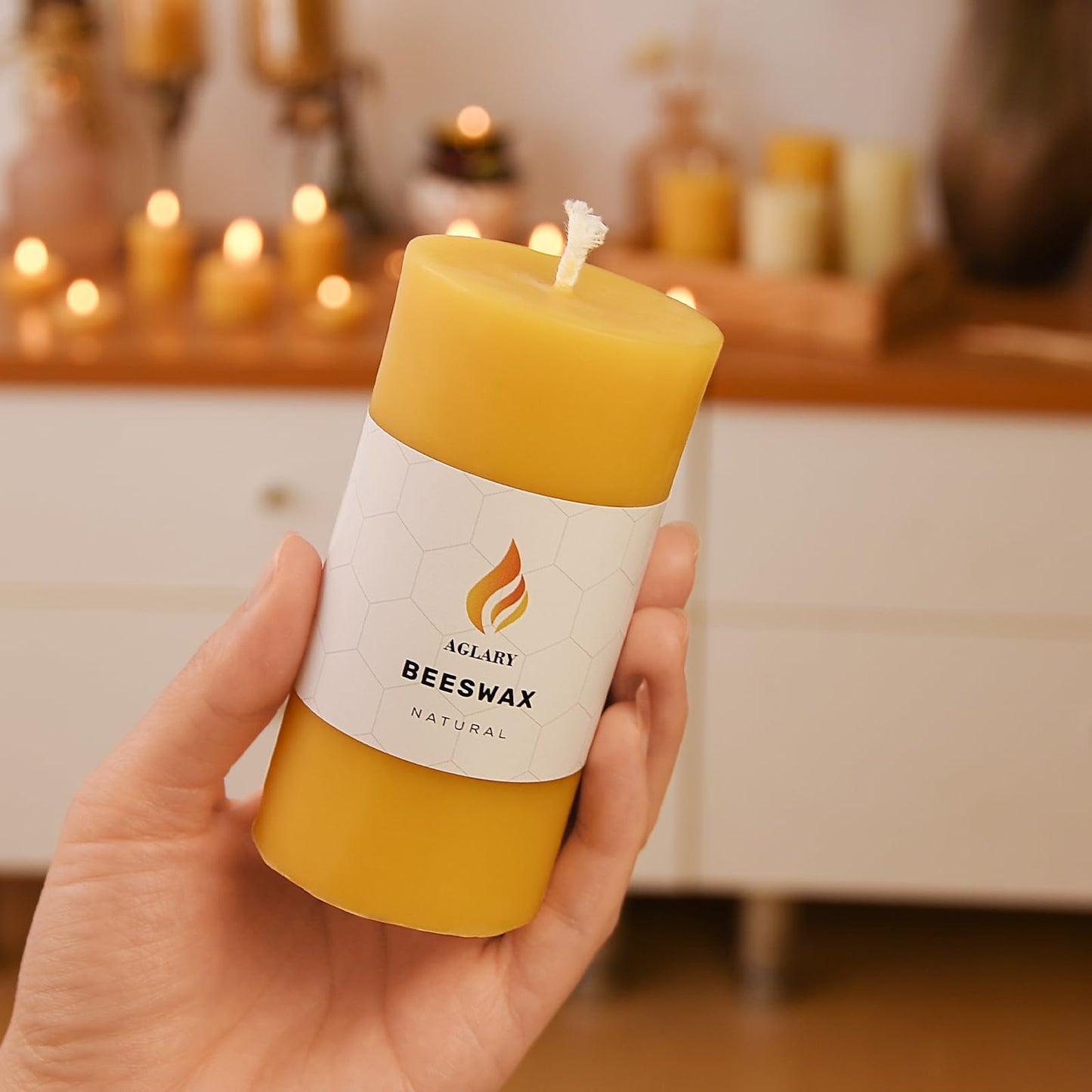 AGLARY 6PCS Beeswax Pillar Candles,Large Handmade Pure Beeswax Candle,Long Lasting Burn Time，Unscented Smokeless，2 * 4",28H, Raw
