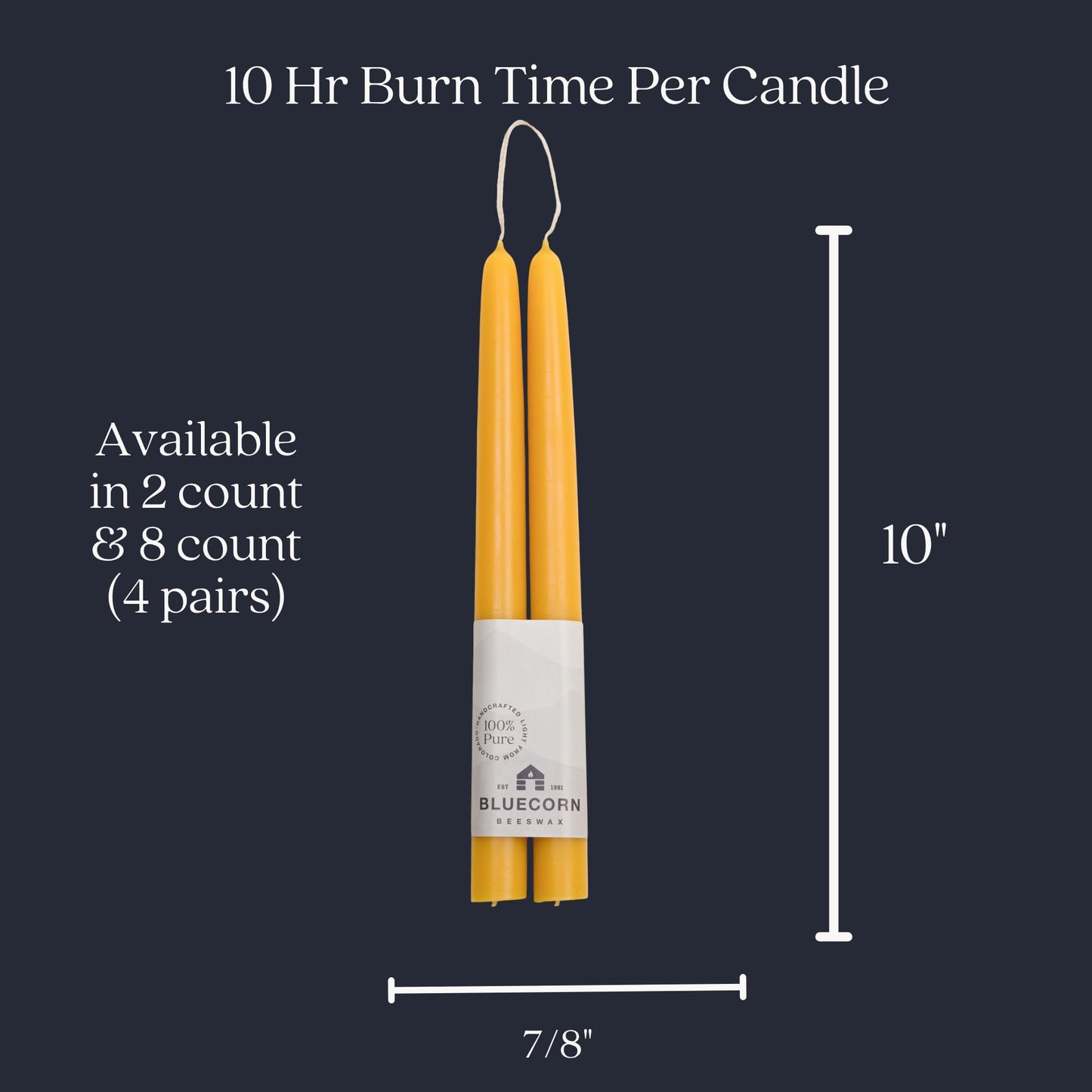 Bluecorn Beeswax Taper Candles, 100% Pure Natural Bees Wax, Pair of 10 Inch Yellow Tapered Candlesticks, Clean Burning & Dripless, Fragrance Free, Long Lasting, Home Decor, American Made, 1 Count