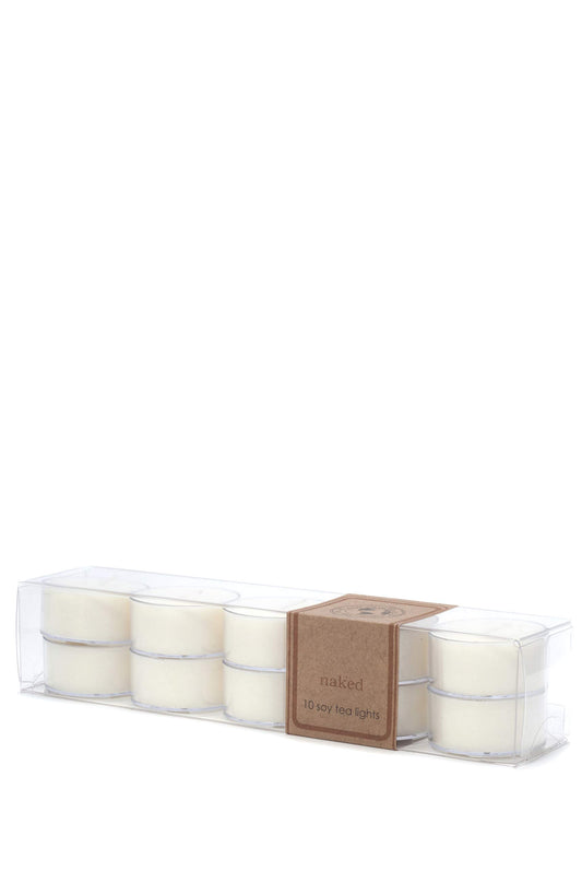 Eco Candle Co. Tea Light Candles, Naked, 10-Pack - Unscented - Recyclable Plastic Cups, 100% Soy Wax, No Lead, Hand Poured, Phthalate Free, Made from Midwest Grown Soybeans, .6 oz. Each