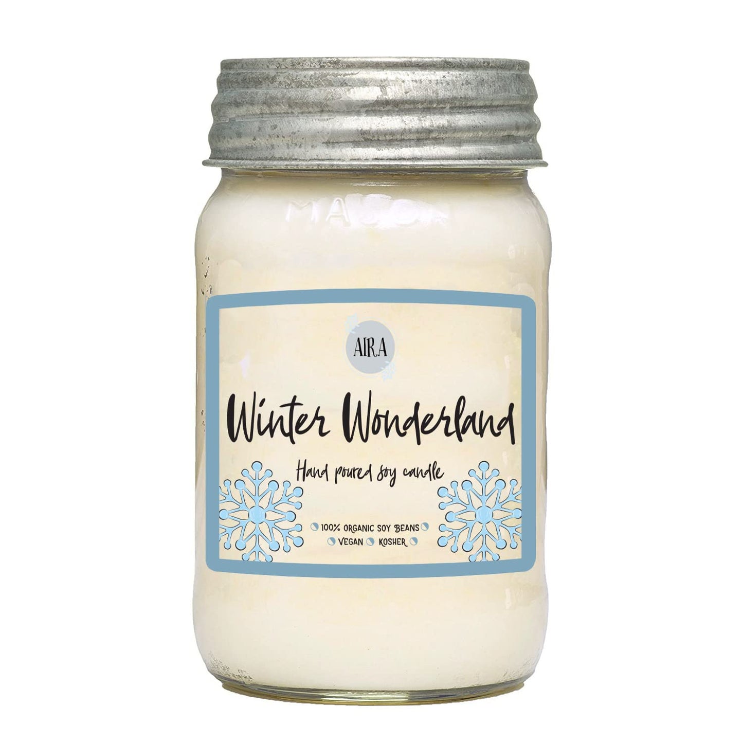 Aira Soy Candles - Organic, Kosher, Vegan, in Mason Jar w/Therapeutic Grade Essential Oil Blends - Hand-Poured 100% Soy Candle Wax - Paraffin Free, Burns 110+ Hours - Winter Wonderland - 16 Ounces