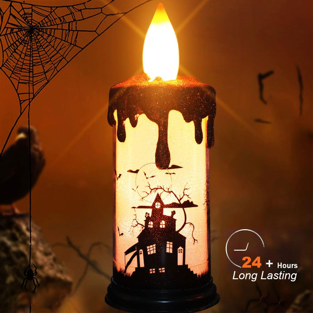 SWEETIME Halloween Snow Globe Candles,Black LED Flameless Battery Operated Pillar Candle,Sparkly Glitter 3D Fire Wick Flickering Flame,Fake Crystal Ghost Decor for Halloween Celebration Party