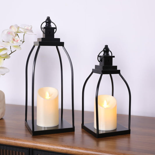 DARJEN Modern Farmhouse Lantern Decor Outdoor & Indoor- 15'' 12'' Black Metal Candle Lanterns for Christmas, Lanterns Decorative with 2 Flameless Candles for Living Room, Home, Table Centerpiece Decor