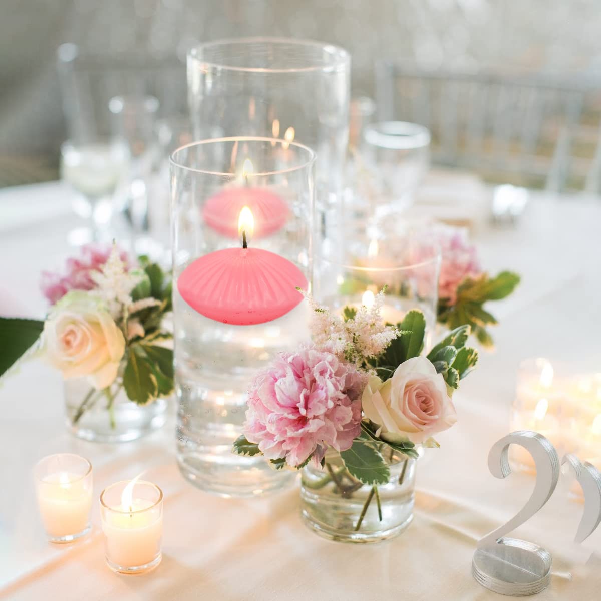Pink Floating Candles for Cylinder Vases, 24 Pack 2 Inches Water Tealight Candles for Centerpieces at Wedding Dinner Party Spa Treatments
